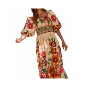 NEW ODDI giant floral border maxi dress with smocked top in cream
